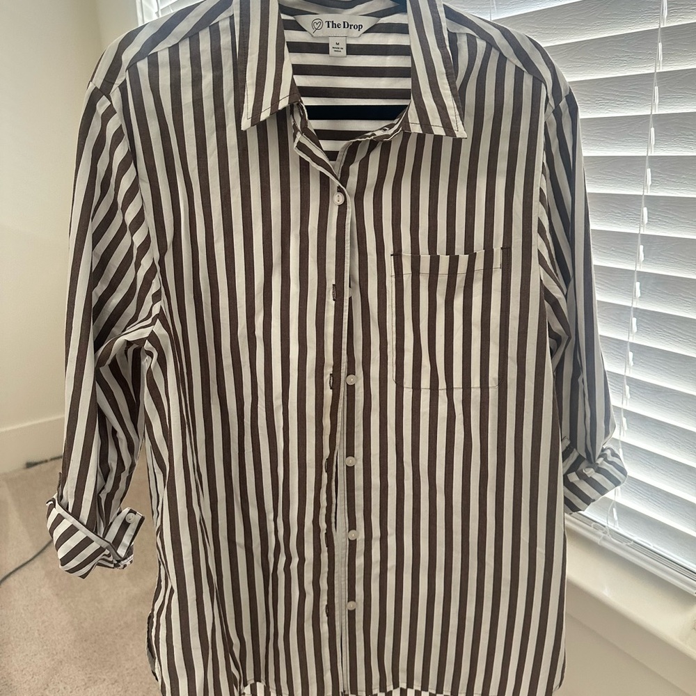 Bold White and Brown Striped Button Down Shirt